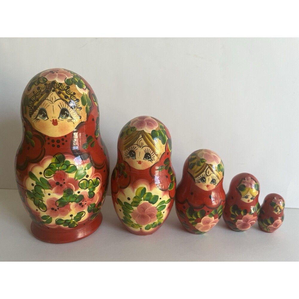 Hand Painted Matryoshka Nesting Dolls Set of 5 Red Floral Russian Style 6.5”